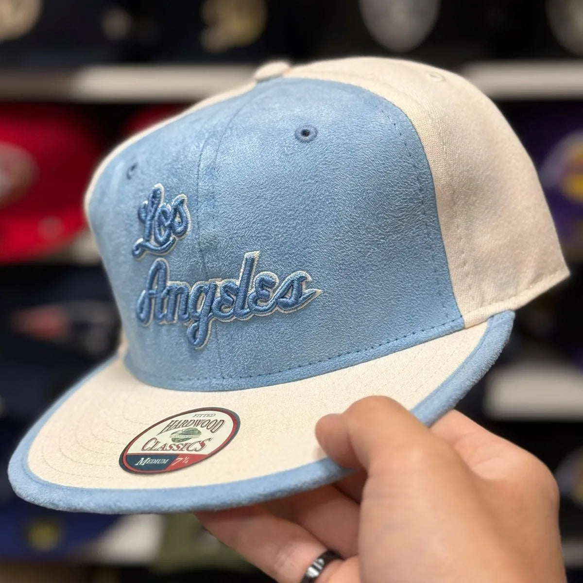 Los Angeles Lakers 'Script Suede' White/Baby Blue Fitted Hat - Product Image