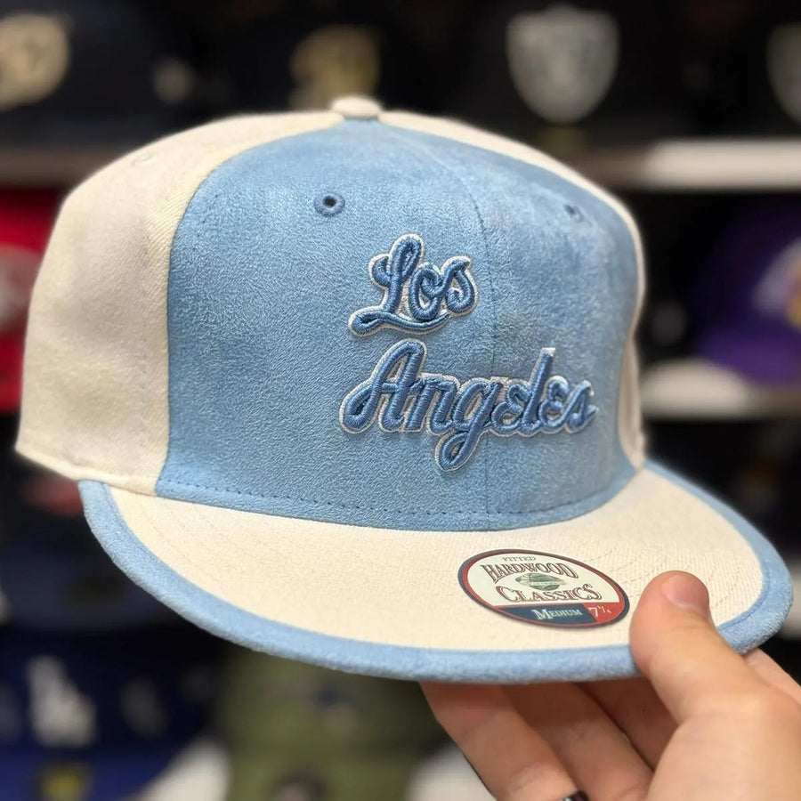 Los Angeles Lakers 'Script Suede' White/Baby Blue Fitted Hat - Product Image