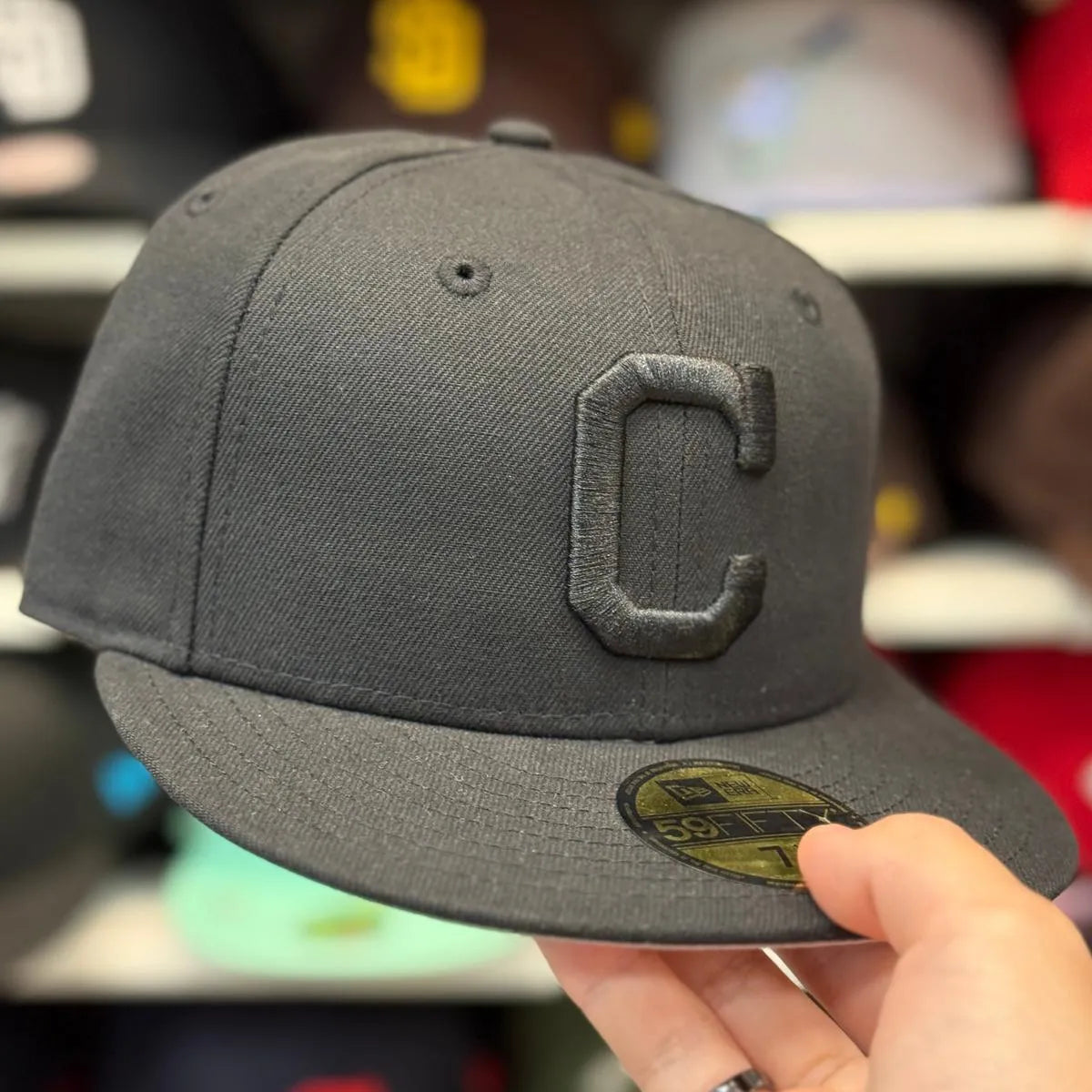 New Era Cleveland Indians 'C' All Black 59FIFTY Fitted Hat - Product Image