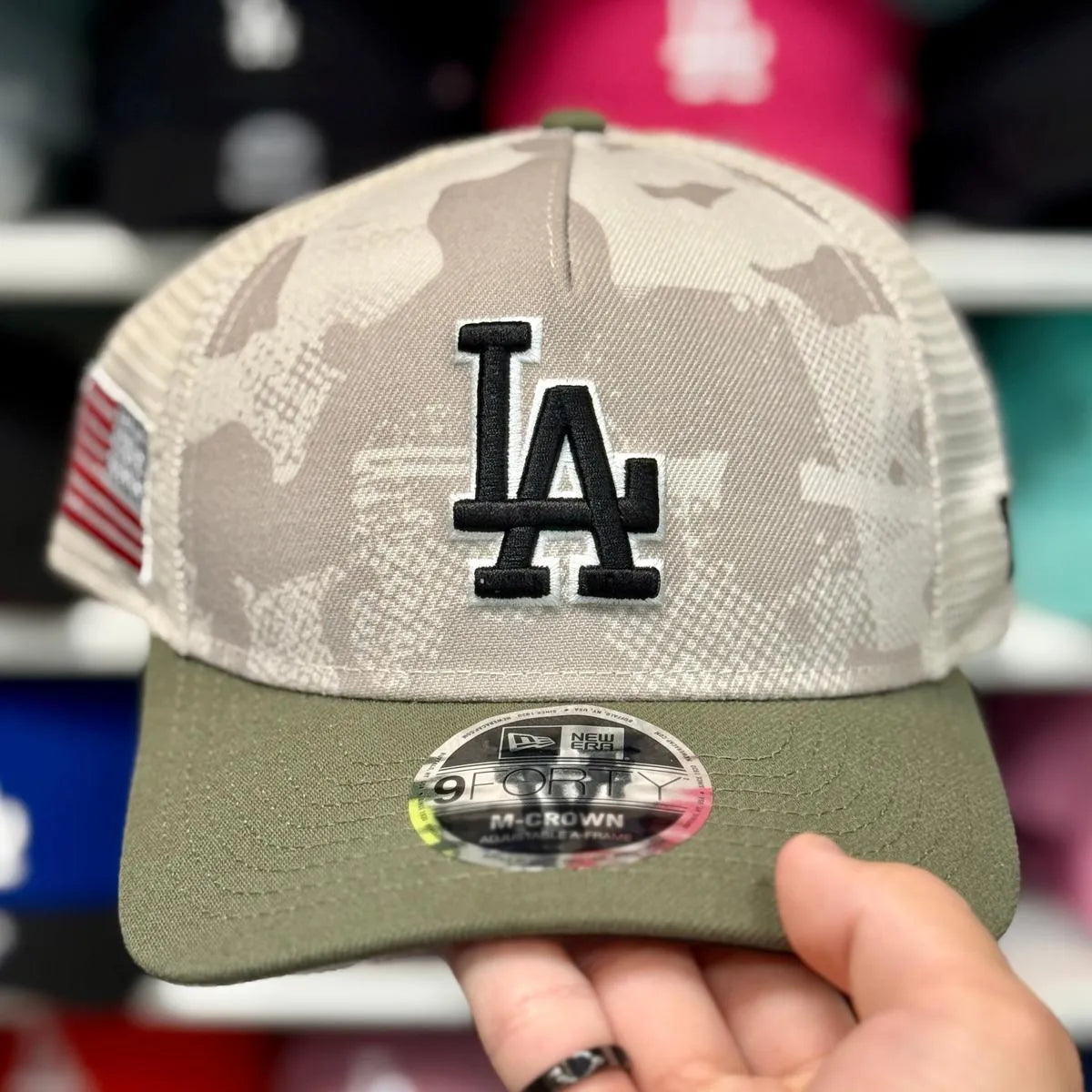 New Era Dodgers Patriot White Camouflage 9FORTY Trucker Snapback - Product Image