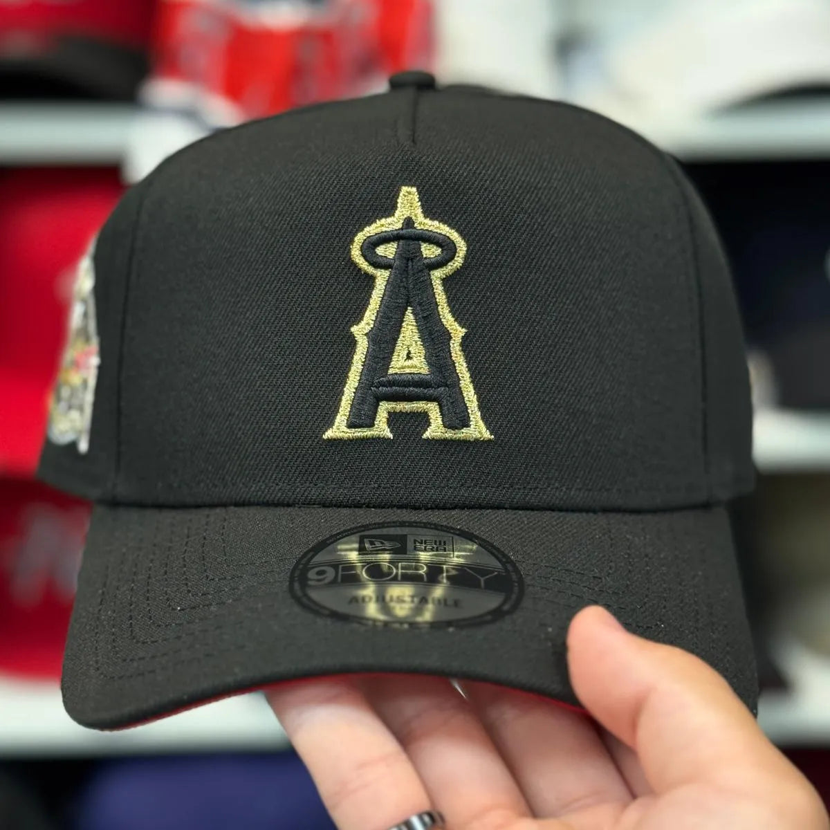 New Era Los Angeles Angels '40th Anniversary' Gold Outline A-Frame Black 9FORTY Snapback | Red Under Brim - Product Image