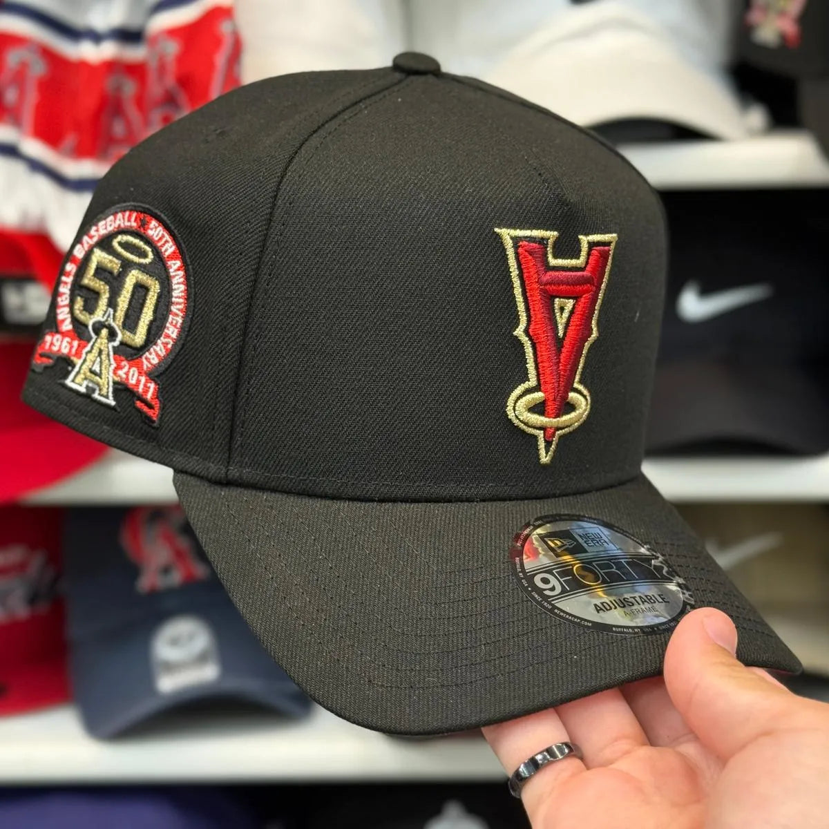 New Era Los Angeles Angels Upside Down Logo '50th Anniversary' A-Frame 9FORTY Snapback | Red Under Brim - Product Image