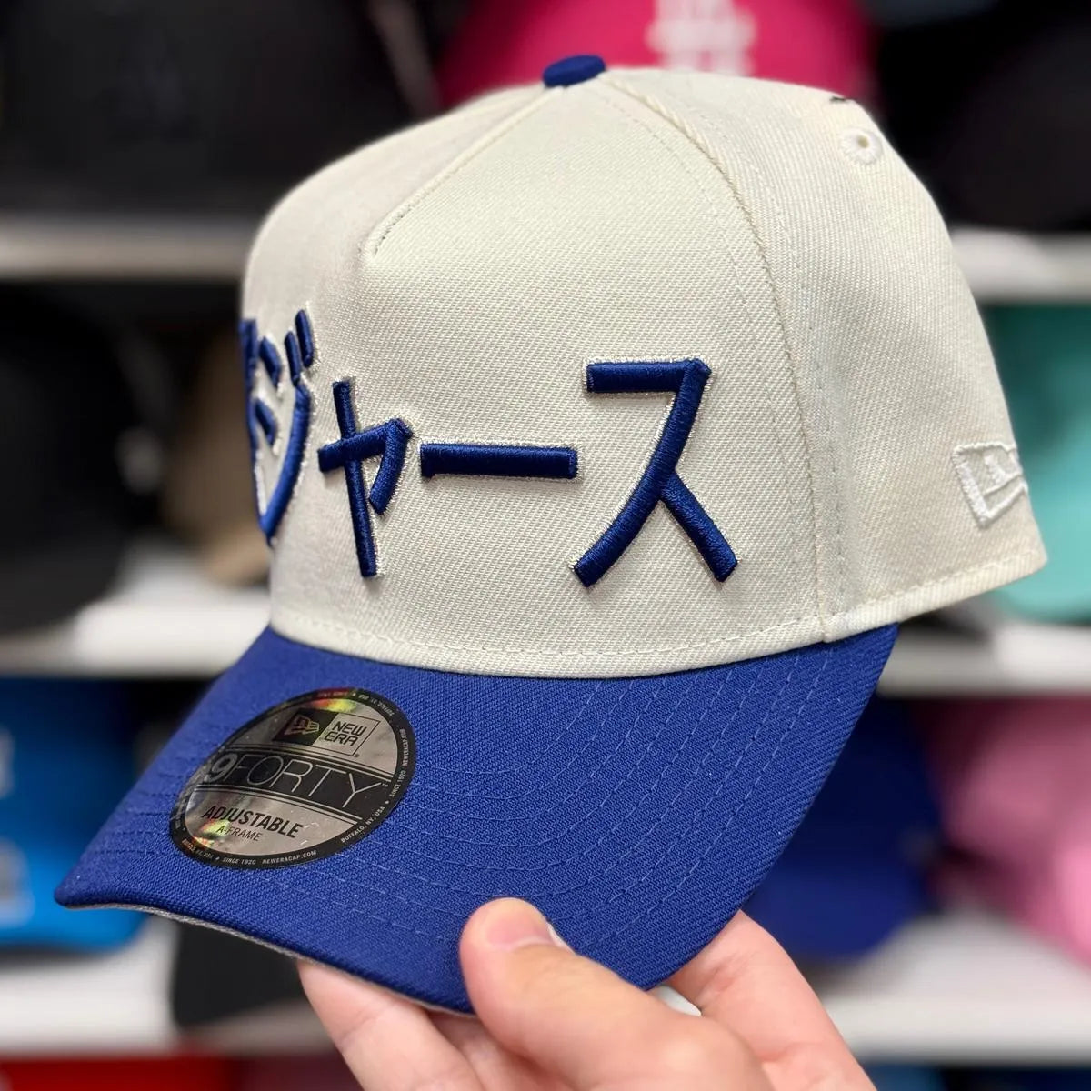 New Era Los Angeles Dodgers 'Large Japanese Kanji' A-Frame Creme/Blue 9FORTY Snapback - Product Image