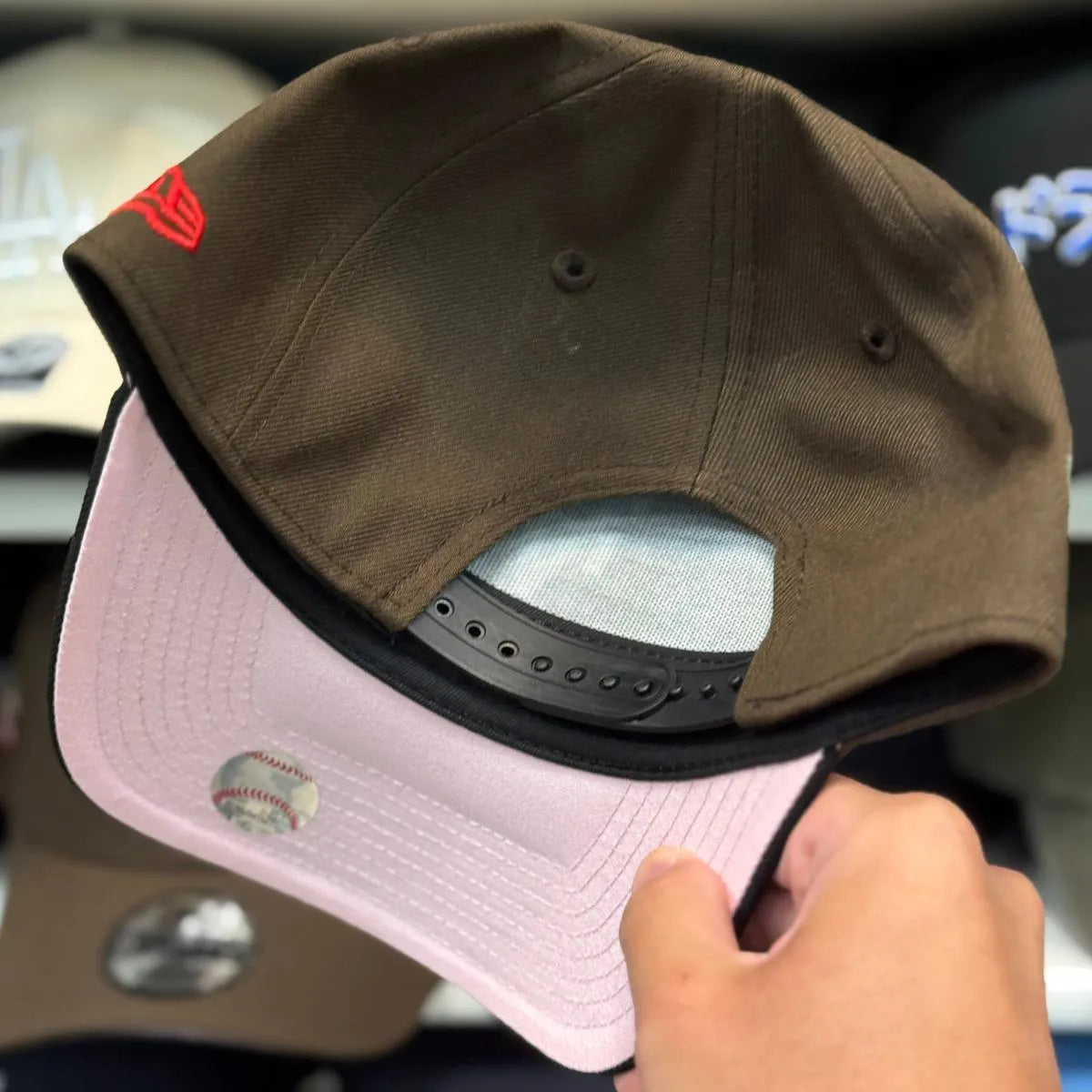 New Era Los Angeles Dodgers Upside Down Logo '50th Anniversary' A-Frame Brown/Black 9FORTY Snapback | Pink Under Brim - Product Image