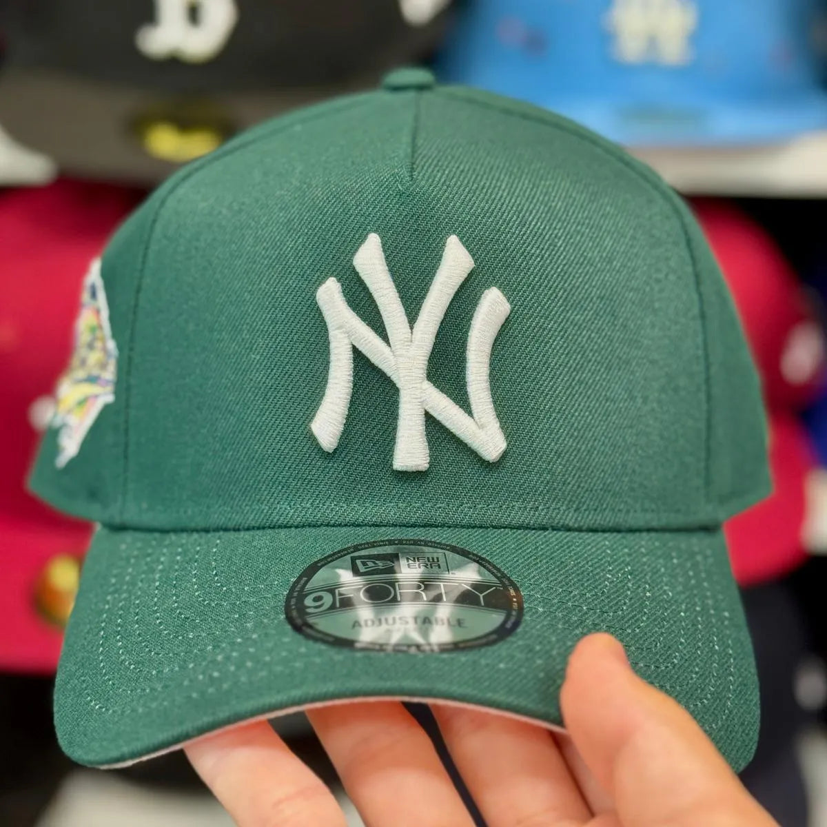 New Era New York Yankees 'World Series' A-Frame Green 9FORTY Snapback | Pink Under-brim - Product Image