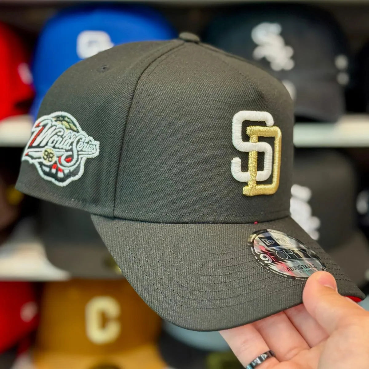 New Era San Diego Padres '1998 World Series' A-Frame Black 9FORTY Snapback | Red Under Brim - Product Image