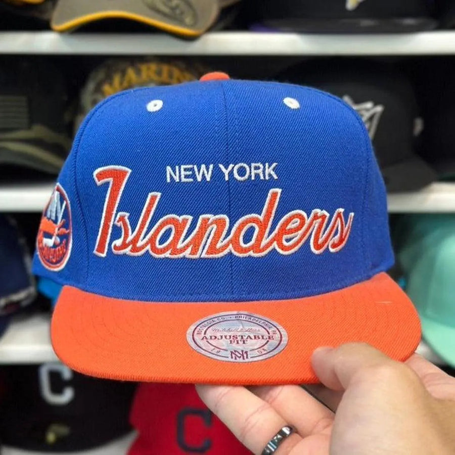 New York Islanders 'Script Logo' Blue/Orange Mitchell & Ness Snapback - Product Image