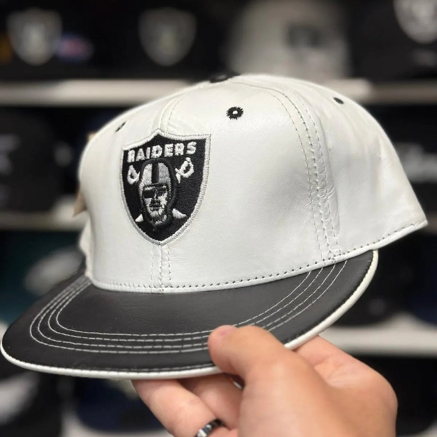 Oakland Raiders 'Full Leather' White/Black Reebok Adjustable Hat - Product Image