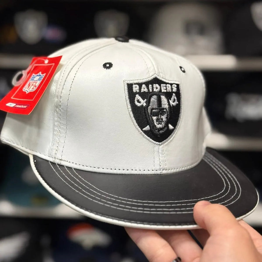 Oakland Raiders 'Full Leather' White/Black Reebok Adjustable Hat - Product Image