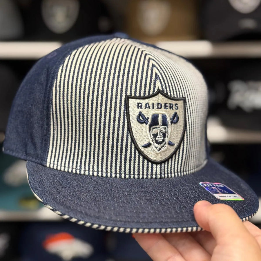 Oakland Raiders 'Railroad Stripe' Denim Reebok Fitted Hat - Product Image
